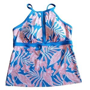 Lands' End Size 16L Tankini Top High Neck Key Hole Blue Pink Floral Leaf Swim